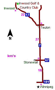 Map from Winnipeg to Inwood Golf & Country Club